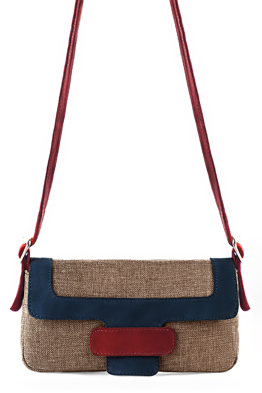 Caramel brown, navy blue and burgundy red women's dress handbag, matching pumps and belts. Top view - Florence KOOIJMAN